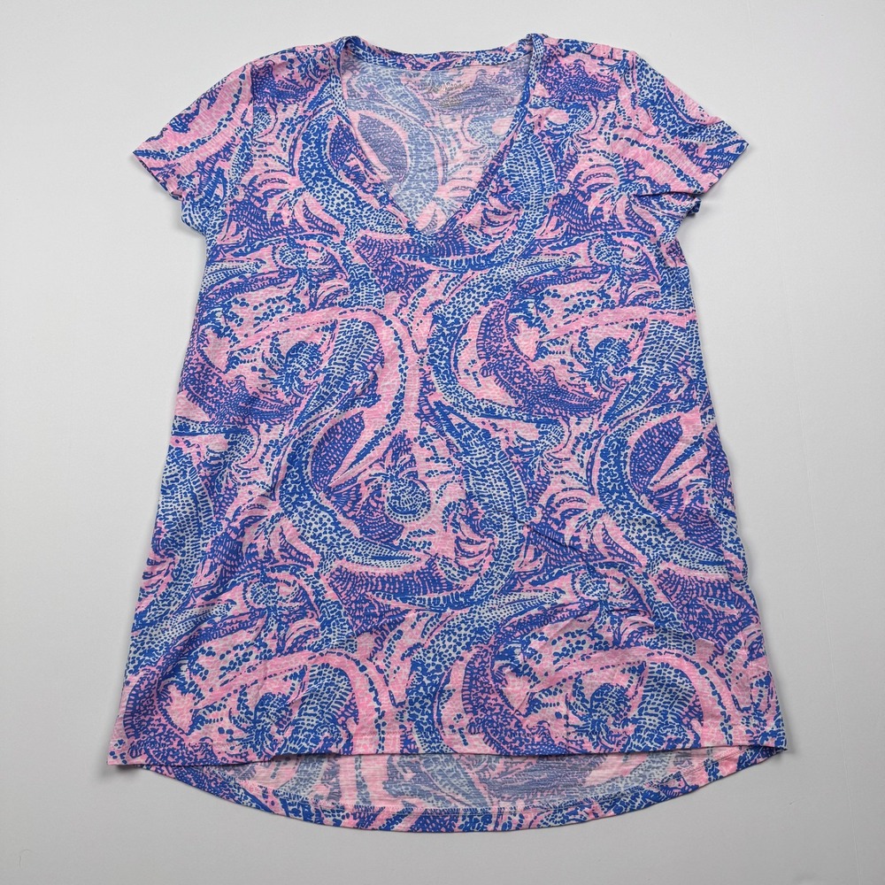 Lilly Pulitzer Womens XS Pink Blue V Neck High Low Hem Tropical Pima Cotton Top
